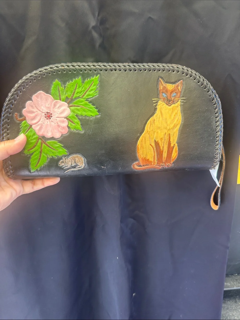 Hand-Painted Black Leather Clutch with Floral and Cat Motif
